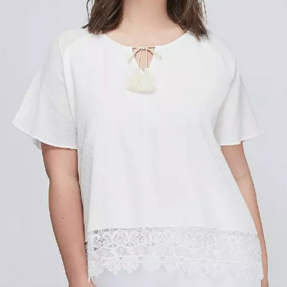LANE BRYANT SHORT-SLEEVE PEASANT WHITE LACE TOP